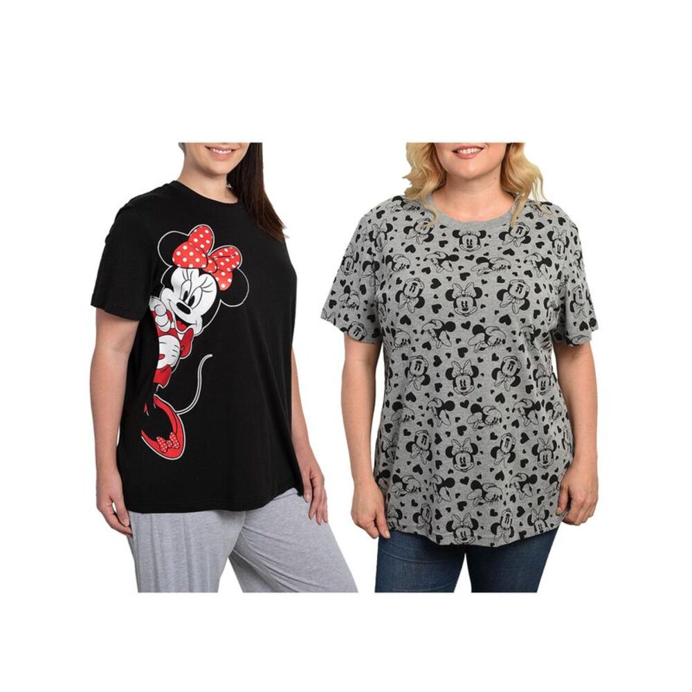 New Womens Plus Size Disney Minnie Mouse T-shirt 2-PACK Short Sleeve Black Gray